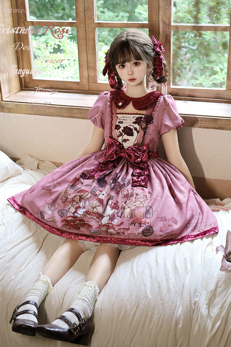 Red Short Sleeves Rabbit Sunflower Print Ruffle Embroidery Bowknot Sweet Lolita Dress - Product - 2