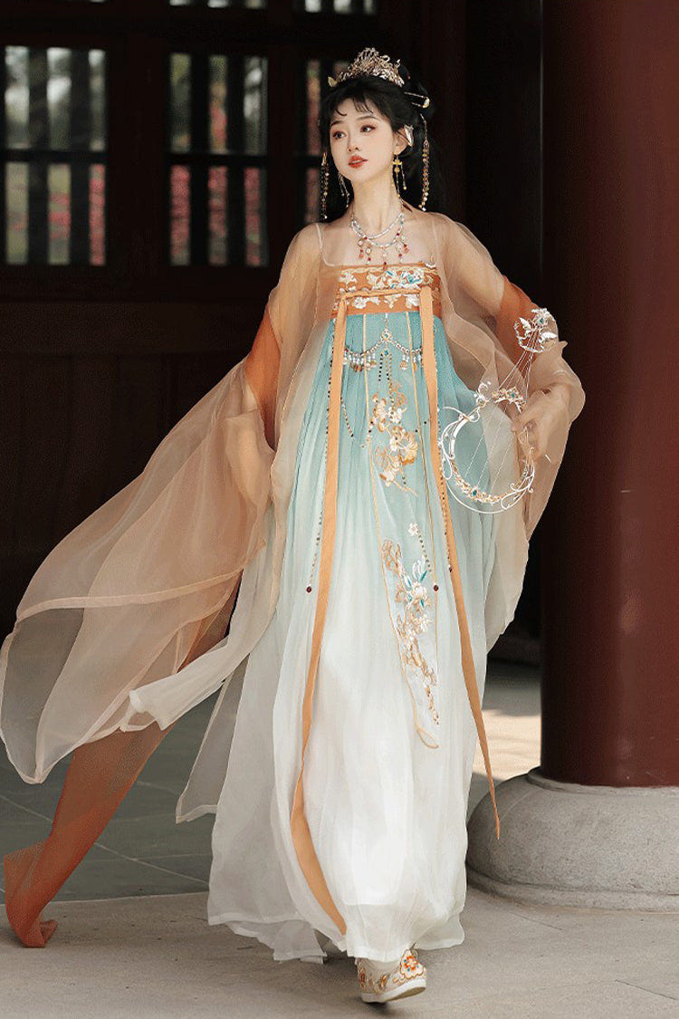 Orange [Cloud Brocade And Spring Splendor] High Waisted Embroidered Women's Classic Luxurious Hanfu Dress Set - Product - 2