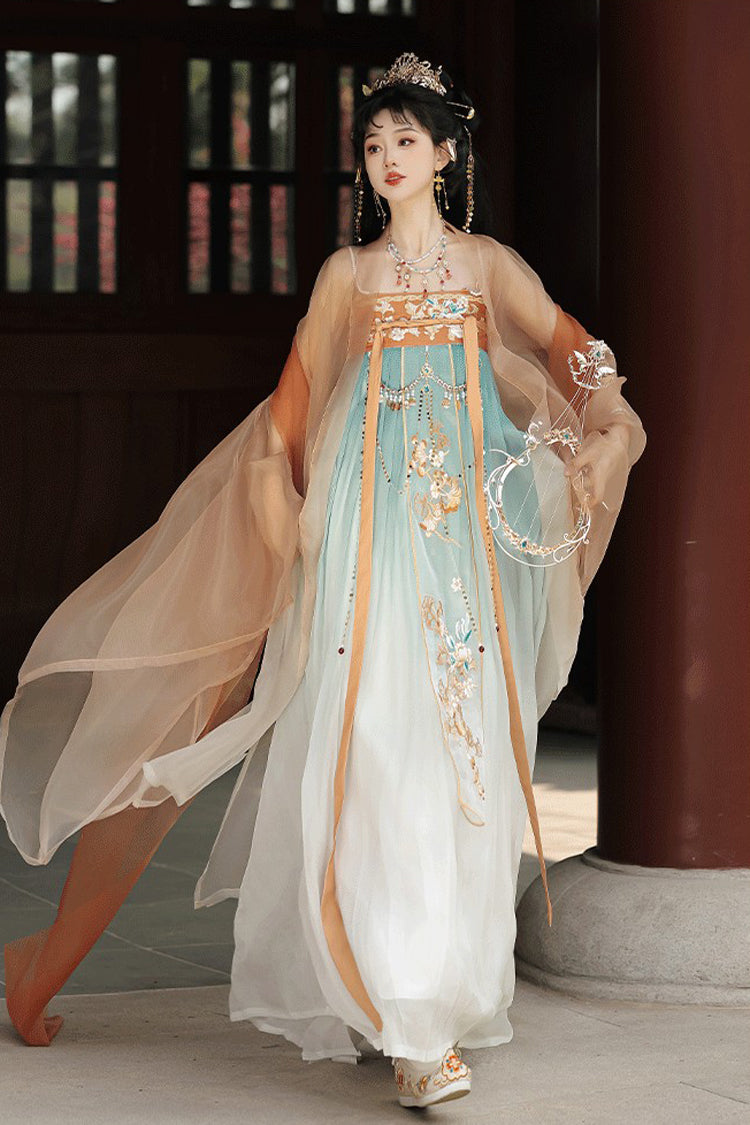 Orange [Cloud Brocade And Spring Splendor] High Waisted Embroidered Women's Classic Luxurious Hanfu Dress Set - Product - 2