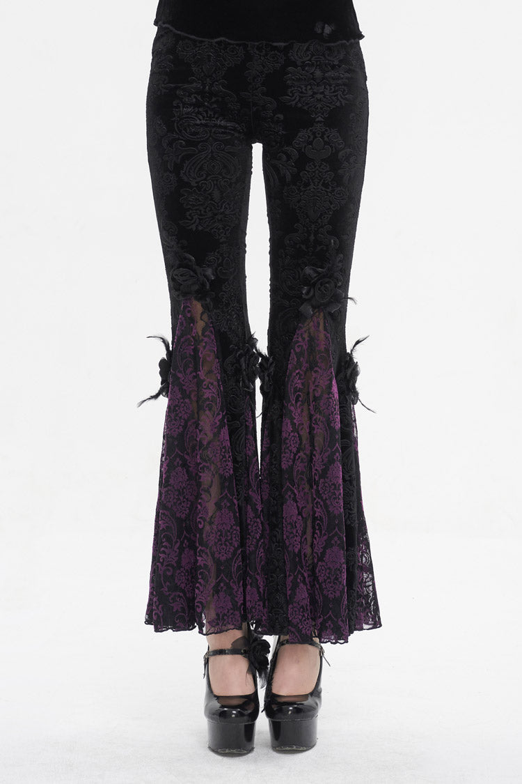 Black/Purple Printed Lace Embroidered Women's Gothic Flared Pants - Product - 2