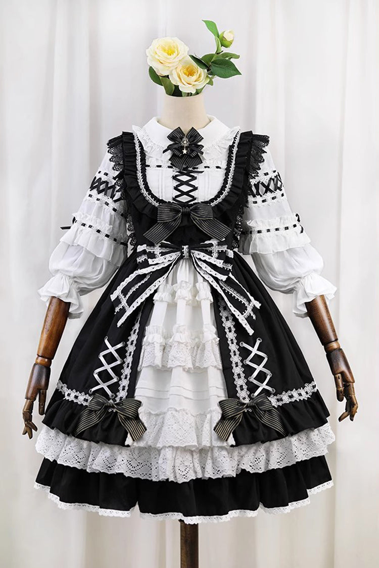 Black/White [Tina's Gift] Sleeveless Multi-Layered Ruffle Cardigan Bowknot Lace Sweet Lolita Jsk Dress - Black/White - 1