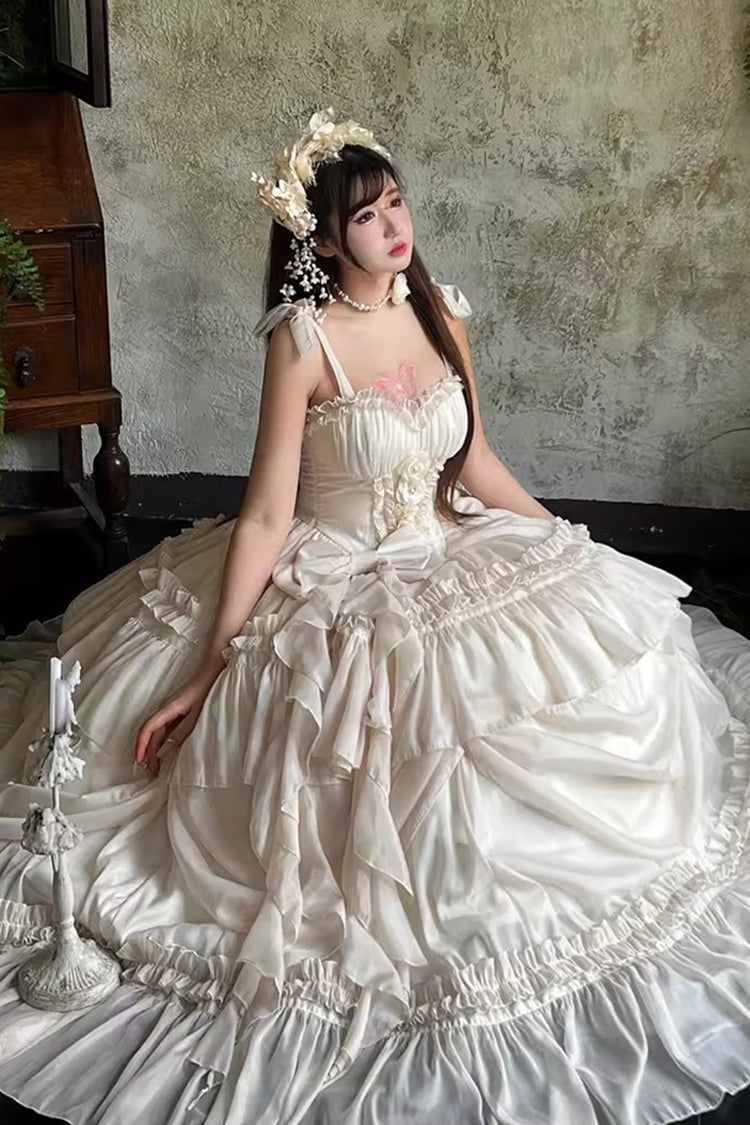 Apricot/Beige [Antique Bride] Sleeveless Multi-Layered Ruffled Bow Lace Sweet Elegant Gorgeous Full Skirt Lolita Jsk Dress - Product - 13