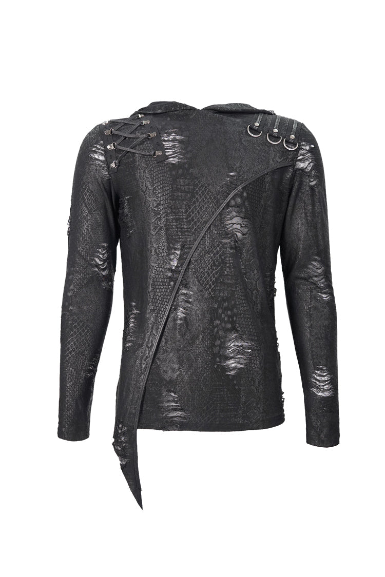Black Broken Holes Knit Shoulder Lace-Up Irregular Hem Hooded Men's Punk T-Shirt - Product - 8