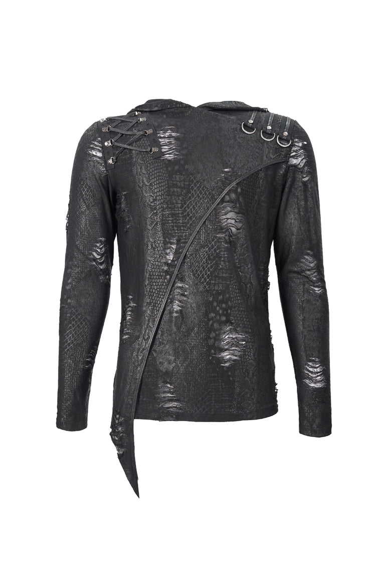 Black Broken Holes Knit Shoulder Lace-Up Irregular Hem Hooded Men's Punk T-Shirt - Product - 8