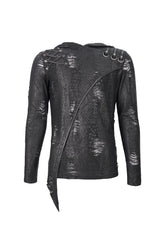 Black Broken Holes Knit Shoulder Lace-Up Irregular Hem Hooded Men's Punk T-Shirt - Product - 8