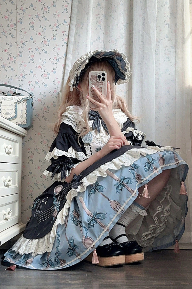 Dark Blue [The Witch’s Banquet] Round Collar Short Sleeves Printed Ruffled Embroidered Bow Asymmetric Sweet Lolita Dress - Product - 5