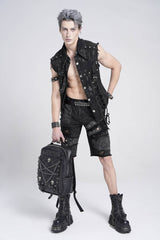 Black Sleeveless Studded Lace-Up Men's Gothic Distressed Vest - Product - 5