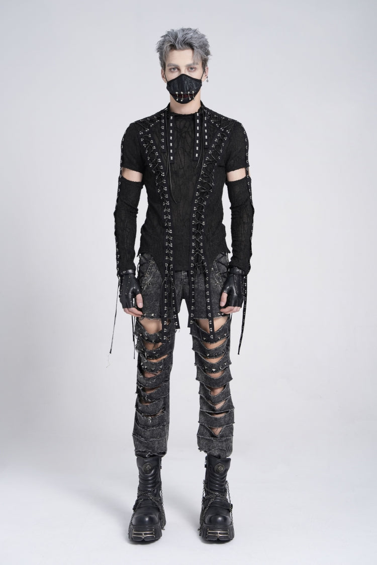 Black Long Sleeves Strap Lace-Up Irregular Mesh Men's Gothic T-Shirt - Product - 5