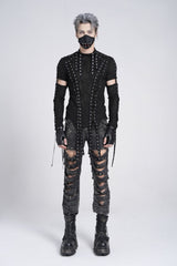 Black Long Sleeves Strap Lace-Up Irregular Mesh Men's Gothic T-Shirt - Product - 5