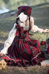 Red [Little Red Riding Hood] Double-Layered Plaid Print Ruffle Bowknot Sweet Vintage Lolita Jumper Dress - Product - 11