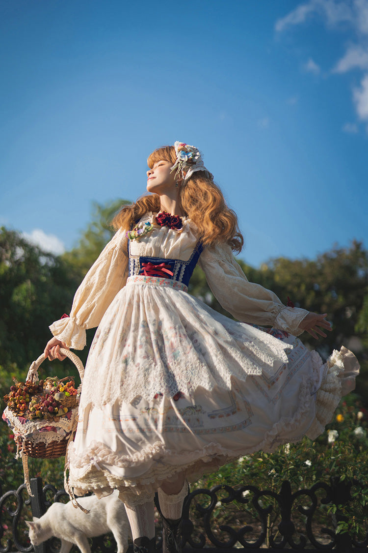 Ivory [Ode to Plenty] Berries and Birds Print Ruffle Bowknot Velvet Classic Lolita Breast Support Jsk Dress - Product - 7