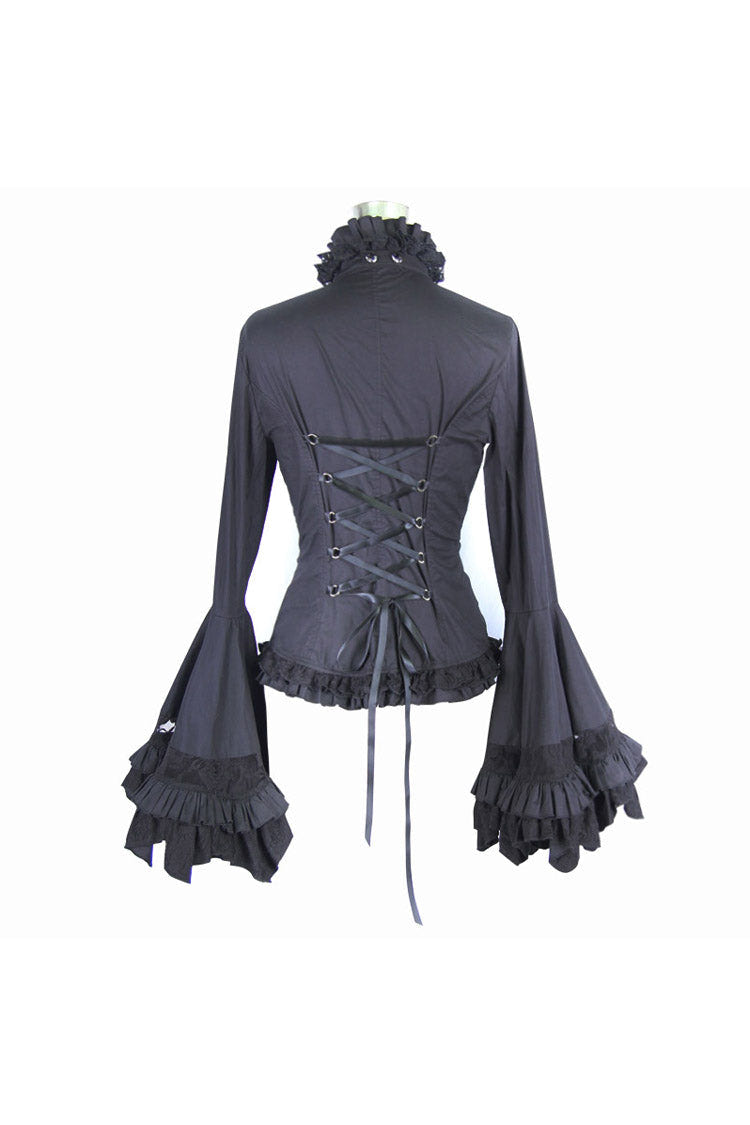 Black Vintage Ruffled With Trumpet Sleeves Women's Punk Blouses - Product - 6