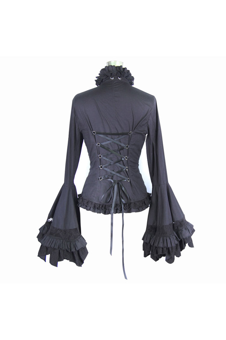 Black Vintage Ruffled With Trumpet Sleeves Women's Punk Blouses - Product - 6