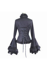 Black Vintage Ruffled With Trumpet Sleeves Women's Punk Blouses - Product - 6