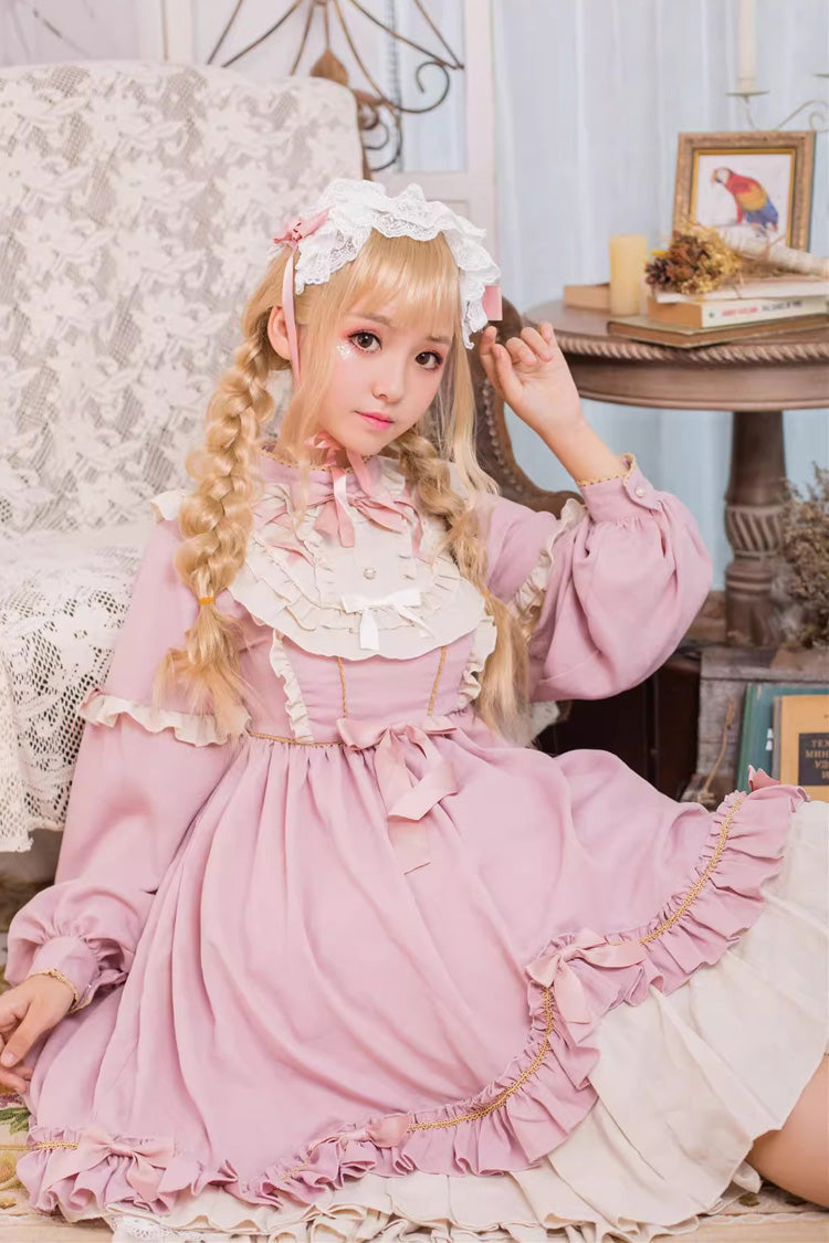 Pink Long Sleeves Ruffle Bowknot Daily Sweet Princess Lolita Dress - Product - 7
