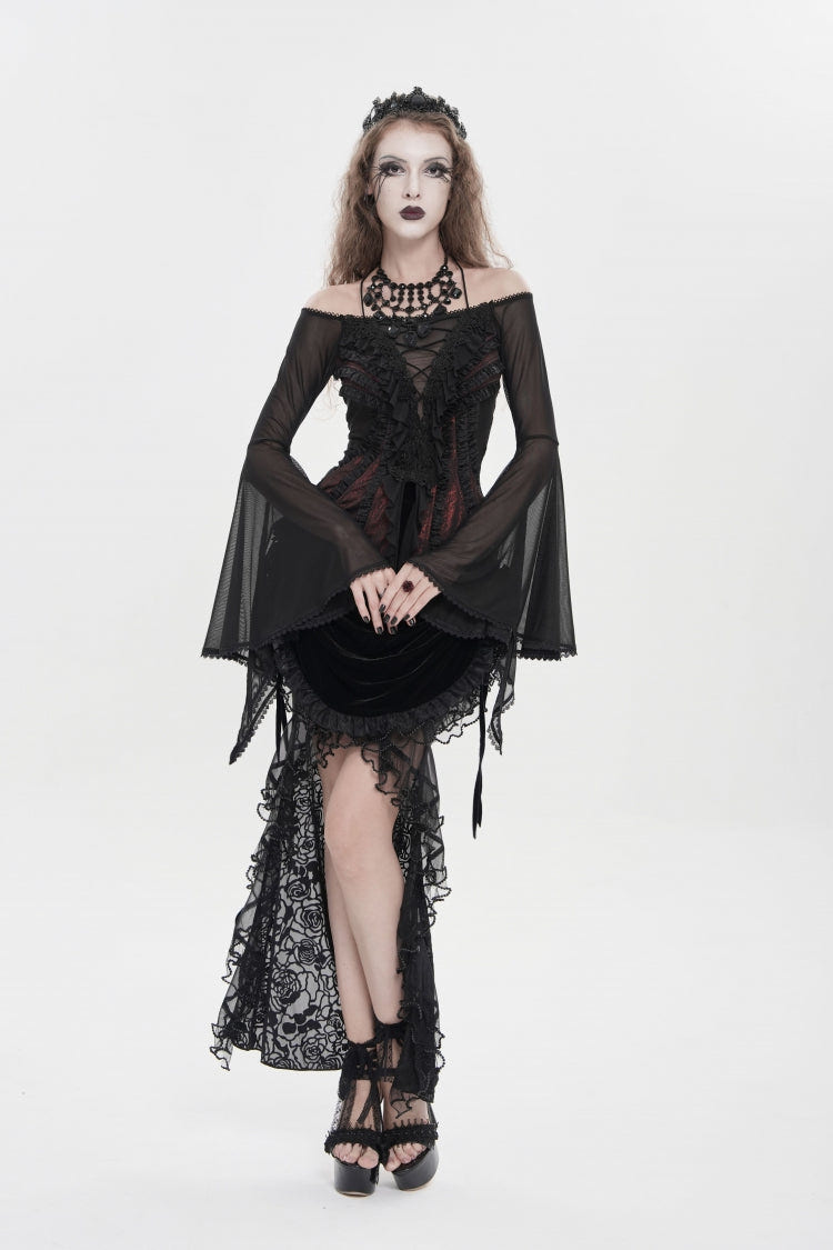 Black/Red Off Shoulder Long Trumpet Sleeves Ruffled Embroidered Lace-Up Women's Gothic Blouse - Product - 11