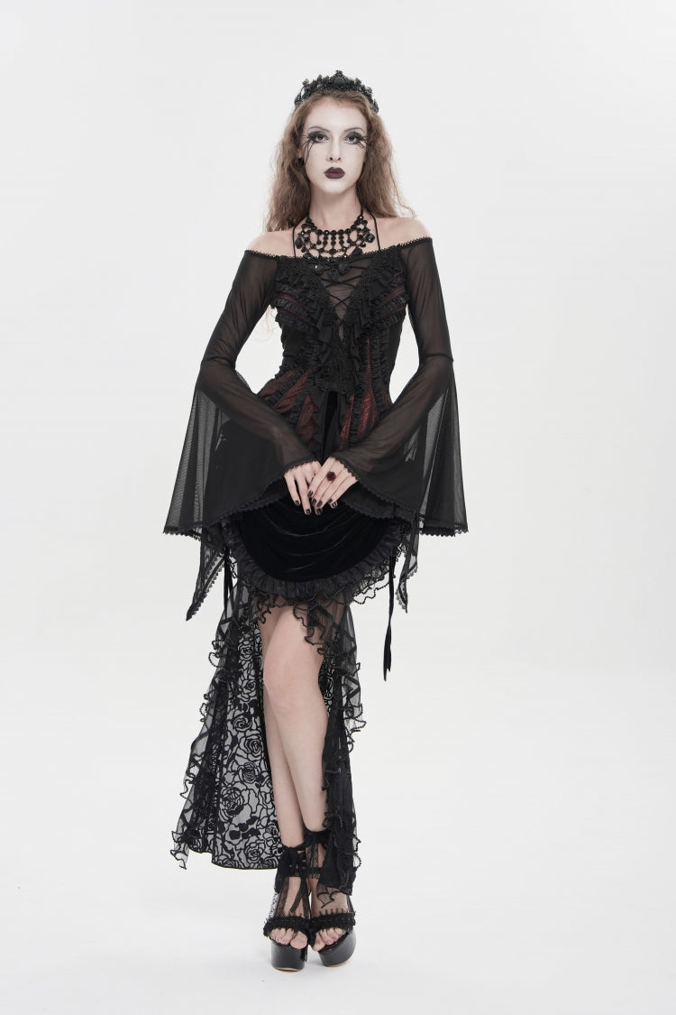 Black/Red Off Shoulder Long Trumpet Sleeves Ruffled Embroidered Lace-Up Women's Gothic Blouse - Product - 11