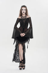 Black/Red Off Shoulder Long Trumpet Sleeves Ruffled Embroidered Lace-Up Women's Gothic Blouse - Product - 11