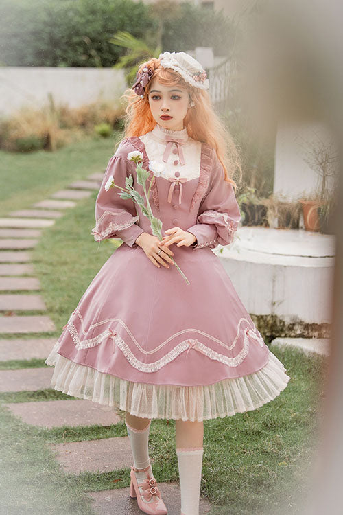 Alice Girl Andrea Solid Bowknot Long Sleeves Ruffled Sweet Lolita OP Dress 3 Colors - Product - 3
