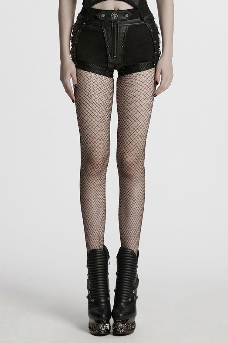 Black Stitching Faux Leather Mesh Studded Women's Punk Shorts - Black - 1