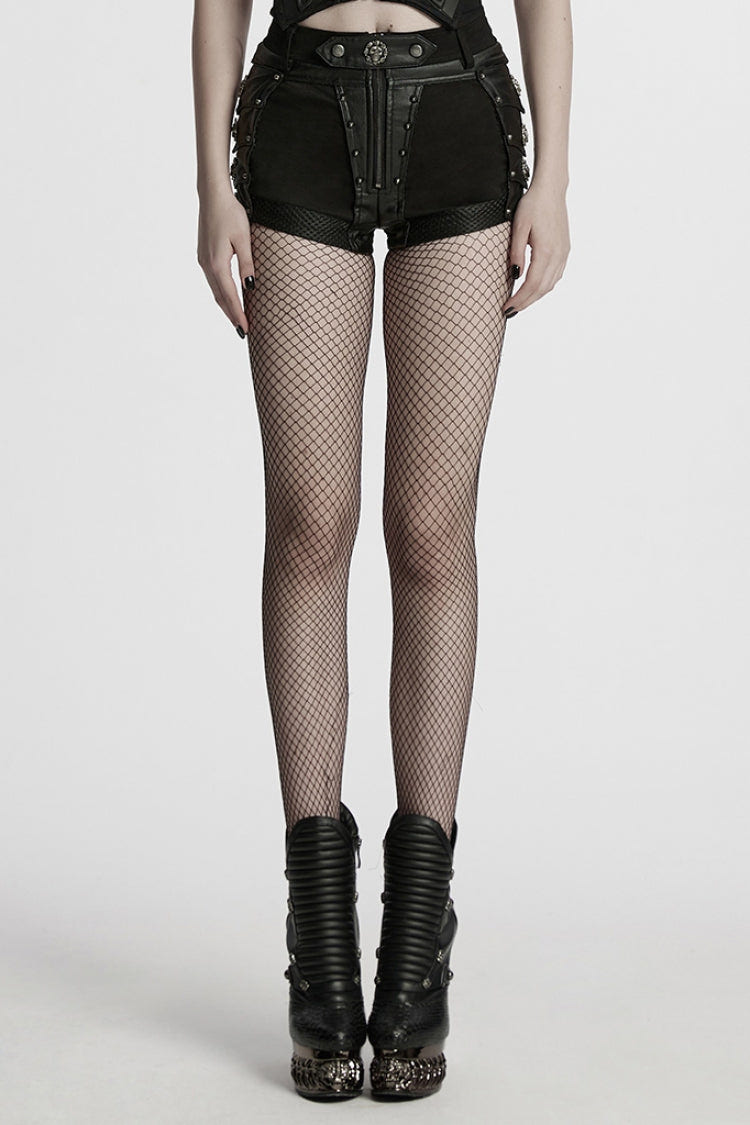 Black Stitching Faux Leather Mesh Studded Women's Punk Shorts - Black - 1
