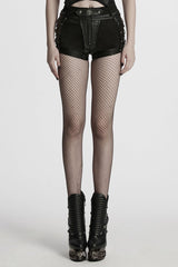 Black Stitching Faux Leather Mesh Studded Women's Punk Shorts - Black - 1