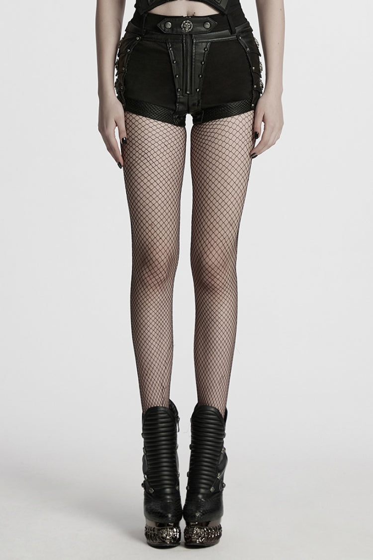 Black Stitching Faux Leather Mesh Studded Women's Punk Shorts - Black - 1