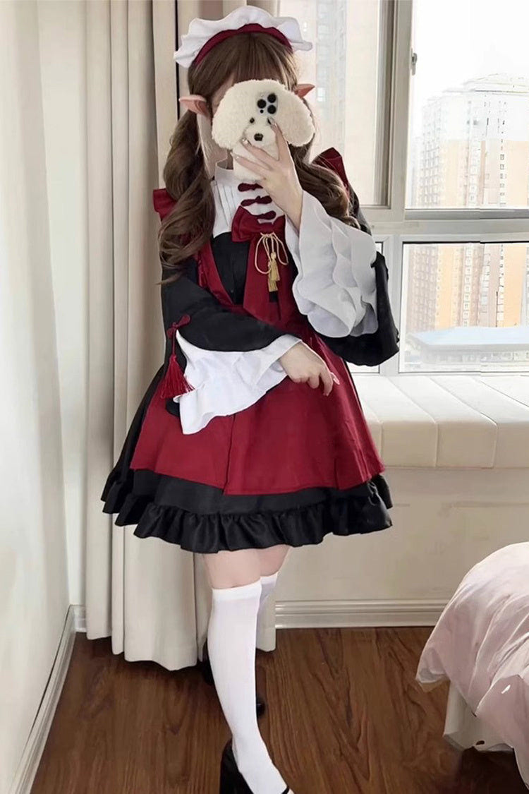 Black/Red Maid Long Trumpet Sleeves Ruffle Bowknot Classic Plus Size Chinese Style Lolita Dress Full Set - Product - 3