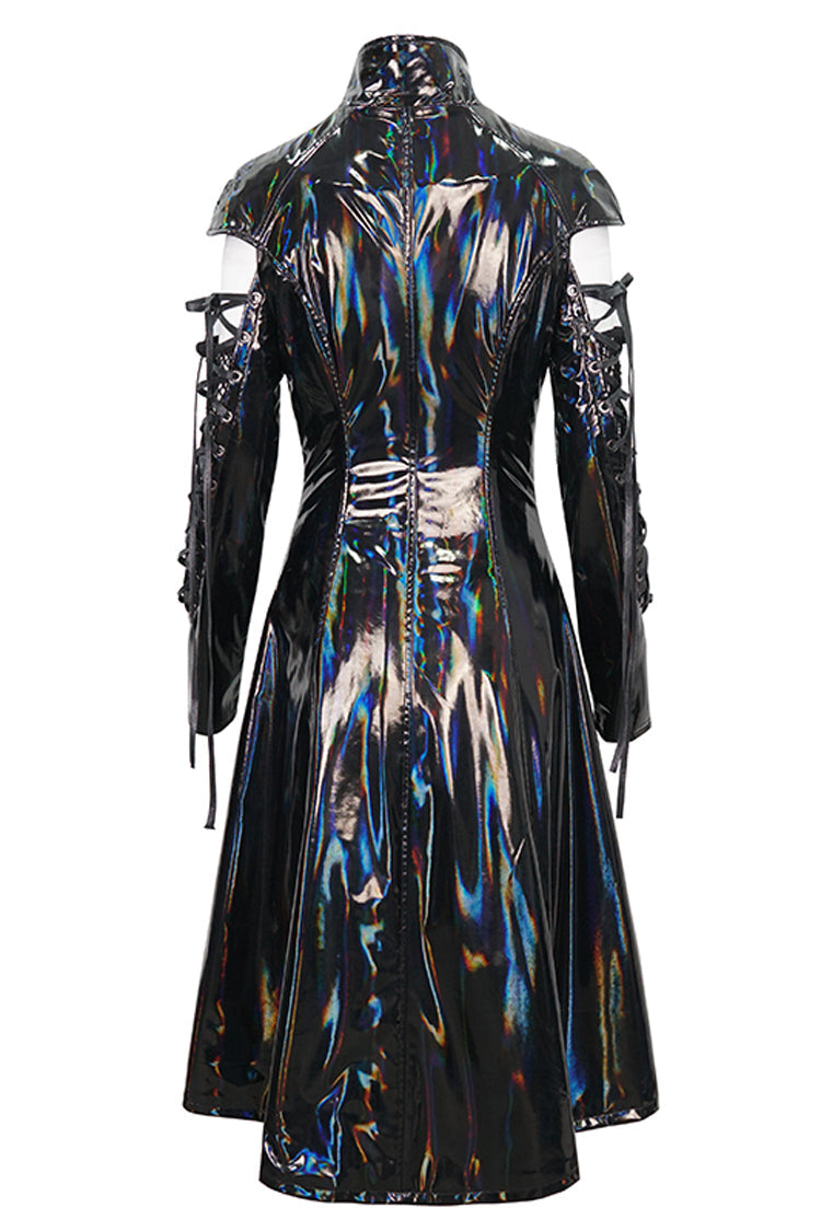 Black Lace Up Mesh Splice Patent Leather Long Women's Punk Coat - Product - 8