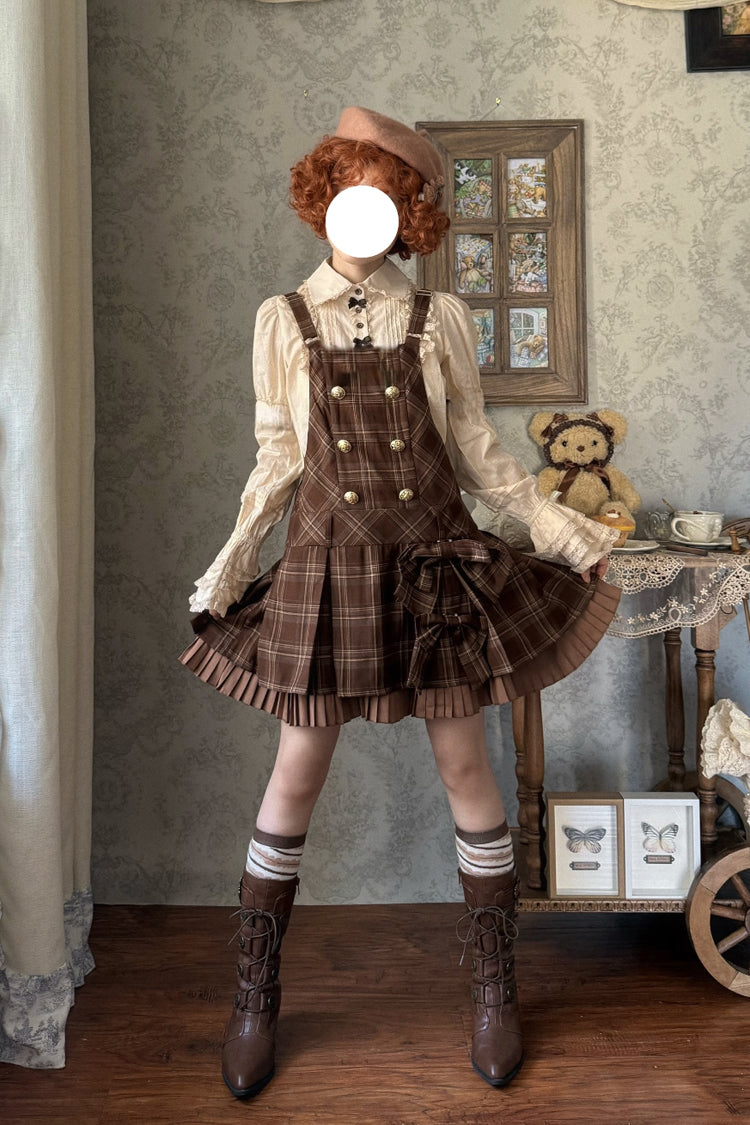 Chocolate [Tiramisu] Low Waisted Plaid Print Ruffle Bowknot Sweet Lolita Strap Dress - Chocolate - 1