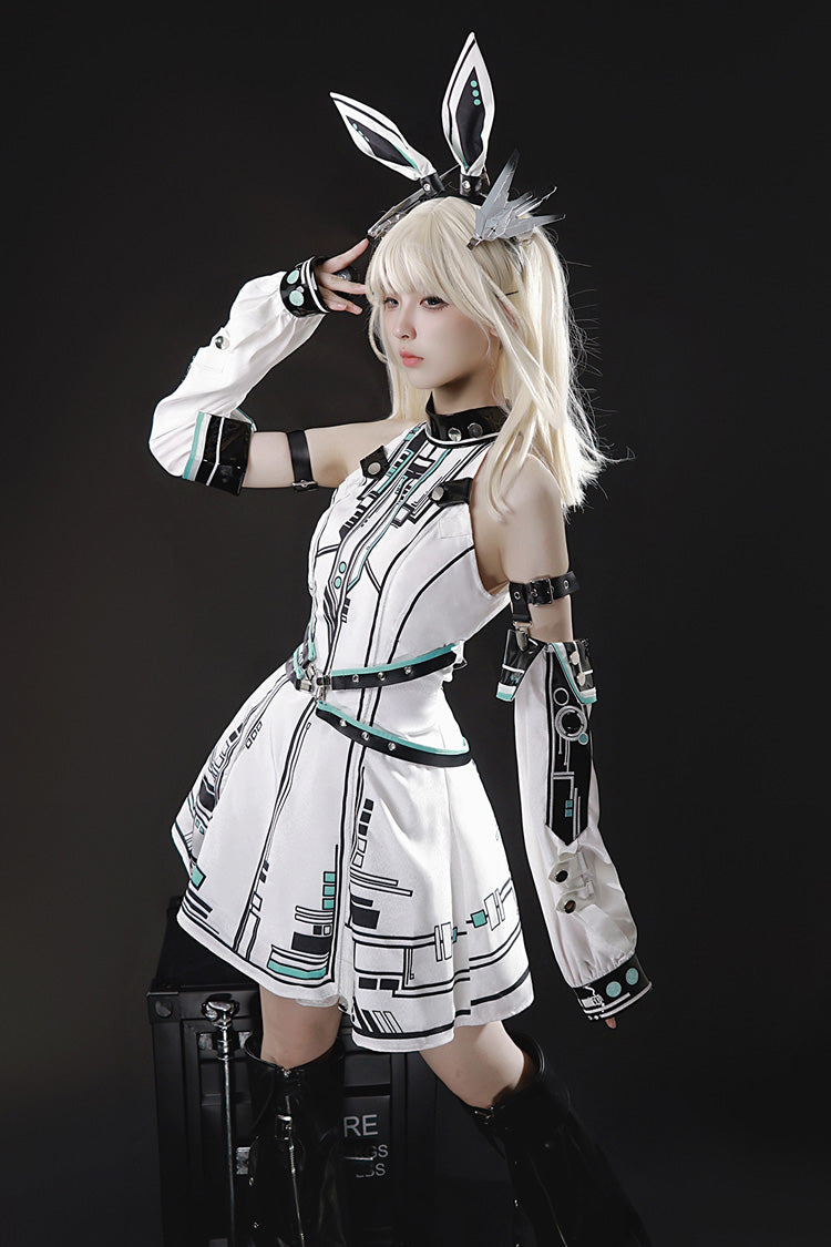 White [Mecha Battle Maiden] Stand Collar Print Futuristic Style Sweet Handsome Lolita Dress - Product - 11