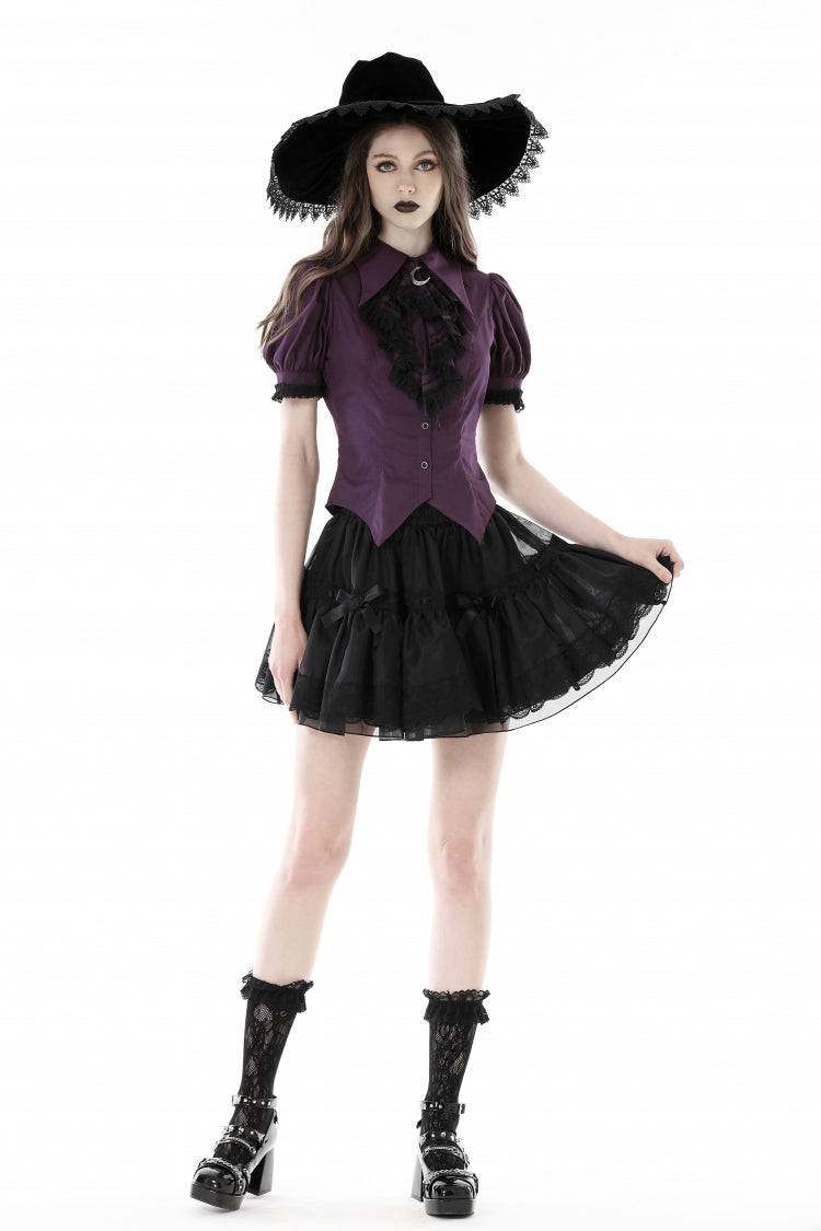 Purple Moon Frilly Collar Short Puff Sleeves Women's Gothic Blouse - Product - 7