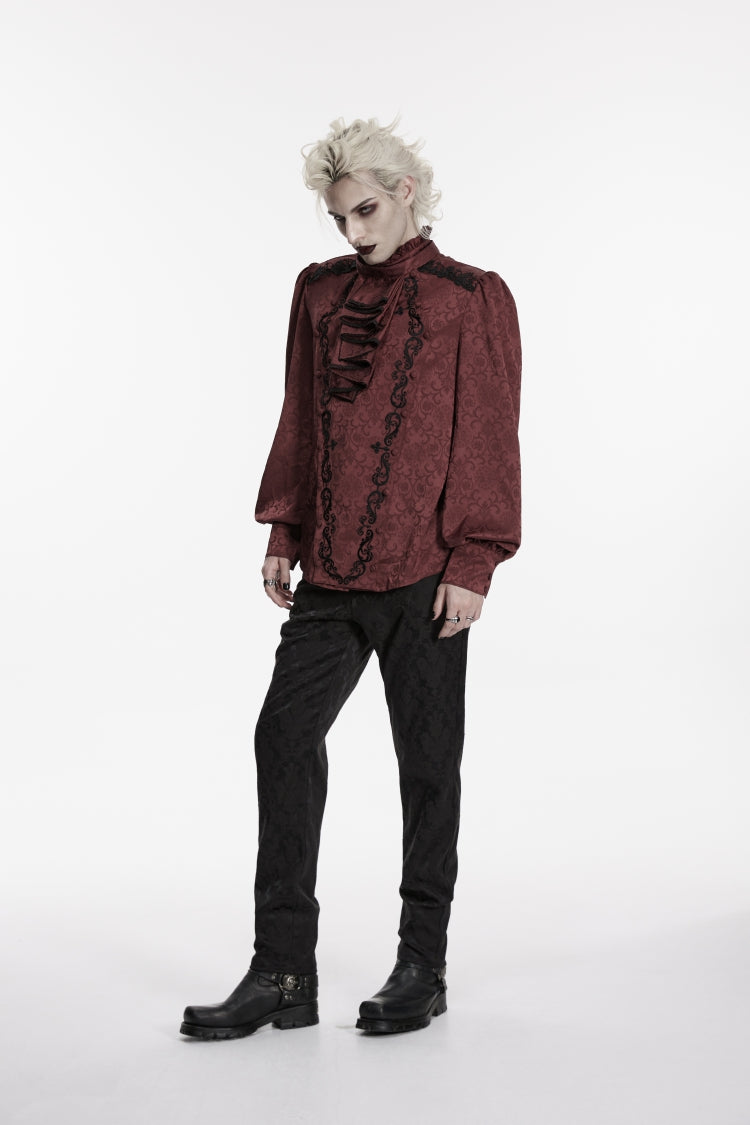 Red Stand Collar Long Lantern Sleeves Jacquard Embroidered  Men's Gothic Palace Shirt with Detachable Tie - Product - 5