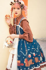 Blue/Brown Christmas Bread Squirrel Gift Print Cardigan Bowknot Multi-Layer Ruffled Sweet Lolita JSK Dress - Product - 4