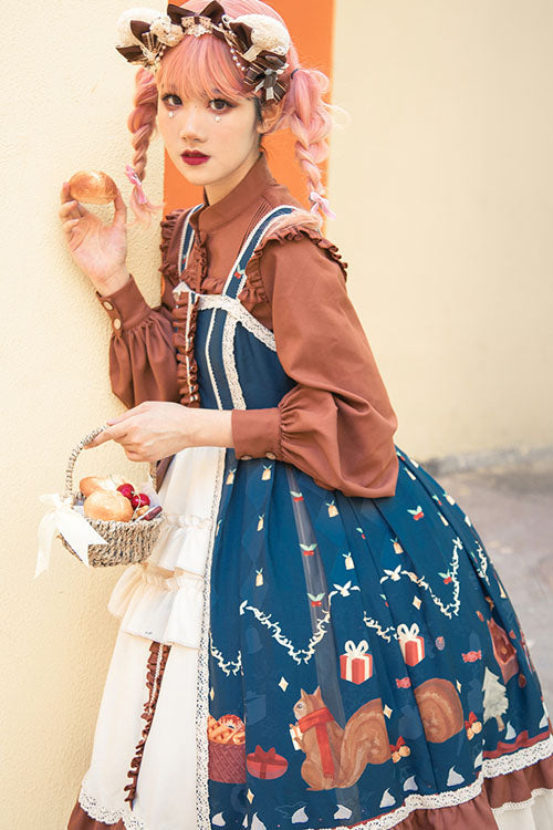 Blue/Brown Christmas Bread Squirrel Gift Print Cardigan Bowknot Multi-Layer Ruffled Sweet Lolita JSK Dress - Product - 4