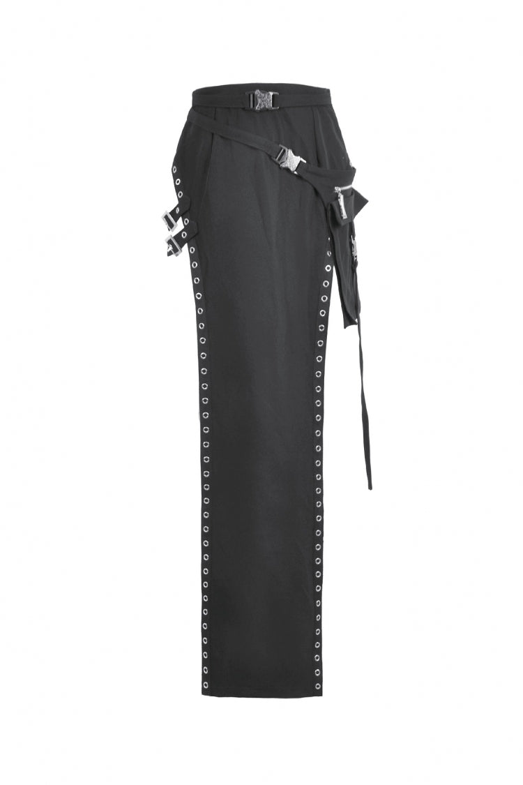 Black Strap Buckled Women's Punk Eyelet High-Slit Midi Skirt with Detachable Pocket - Product - 3