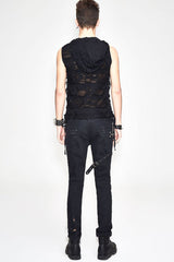 Black Sleeveless Ripped Side Ribbons Lace-Up Hooded Men's Punk T-Shirt - Product - 6