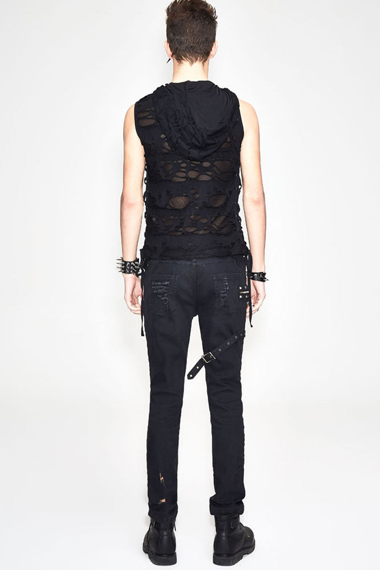 Black Sleeveless Ripped Side Ribbons Lace-Up Hooded Men's Punk T-Shirt - Product - 6