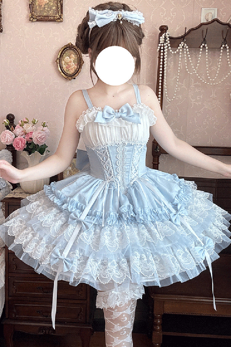 Blue [Dance of Time] Sleeveless Triple-Layered Ruffle Bowknot Lace Lace-Up Sweet Ballet Lolita Jsk Dress - Product - 5
