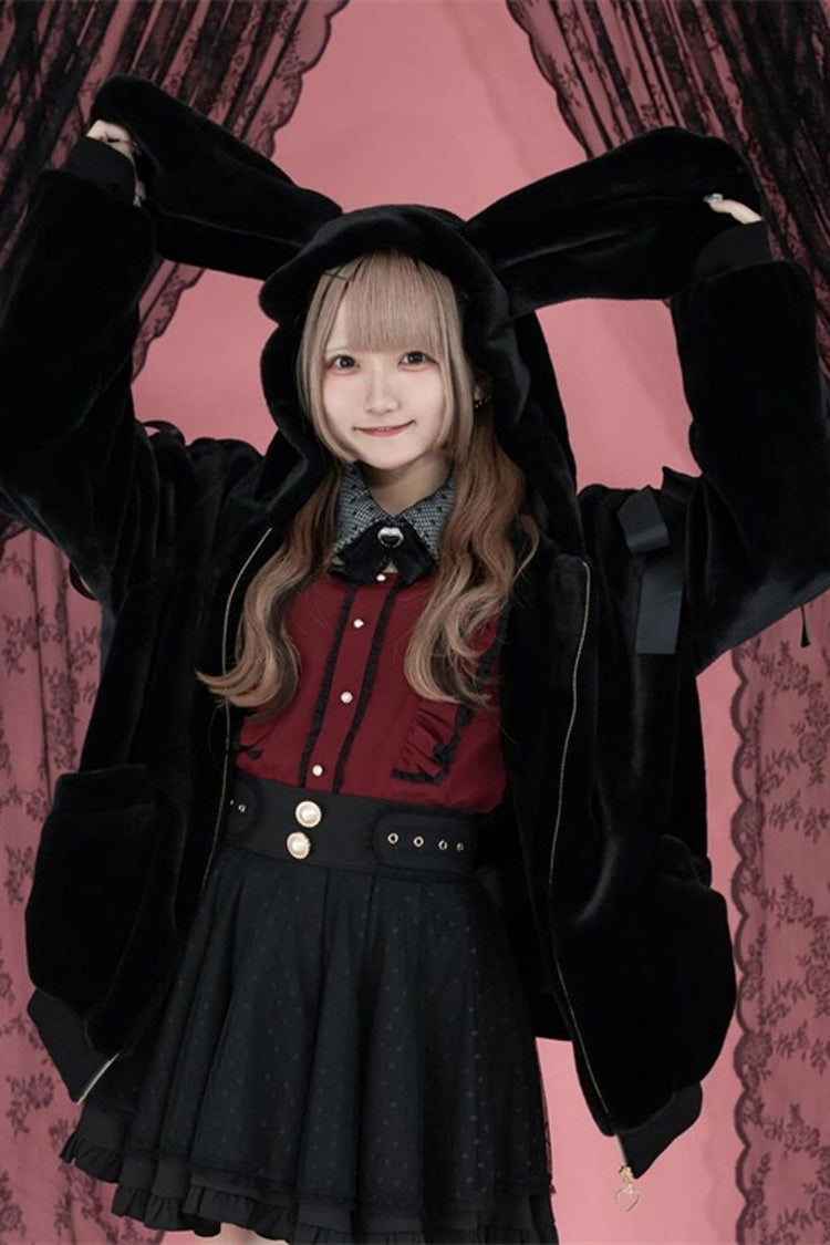 Black Rabbit Ears Long Sleeves Bowknot Lace-Up Hooded Jirai Kei Coat - Product - 2