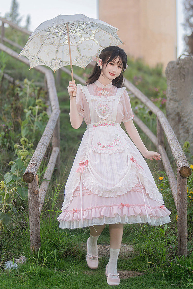 Pink Stand Collar Short Sleeves Ruffled Embroidered Lace Sweet Chinese Inspired Lolita Dress - Product - 6
