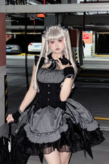 Grey [Potions] Sleeveless Triple-Layered Ruffle Bowknot Lace Gothic Lolita Dress 2 Colors - Product - 5