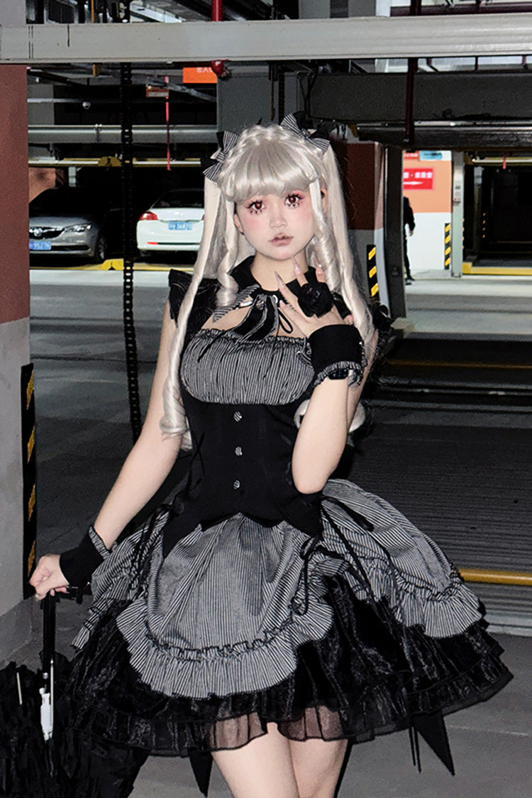 Grey [Potions] Sleeveless Triple-Layered Ruffle Bowknot Lace Gothic Lolita Dress 2 Colors - Product - 5