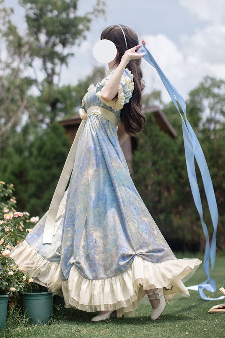 Blue [Oil Painting Sun and Moon Poem] Short Sleeves Print Ruffle Bowknot Sweet Princess Lolita Dress - Product - 7