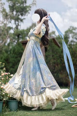 Blue [Oil Painting Sun and Moon Poem] Short Sleeves Print Ruffle Bowknot Sweet Princess Lolita Dress - Product - 7