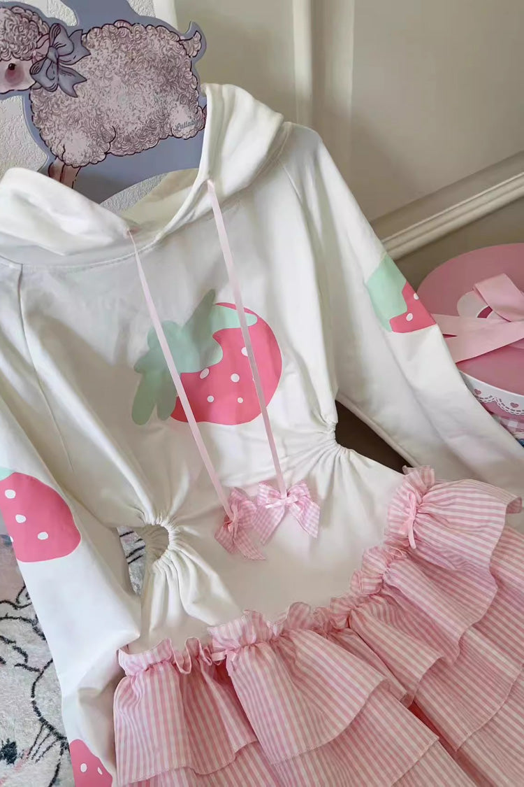 White/Pink Long Sleeves Triple-Layered Strawberry Print Hooded Sweet Lolita Dress - Product - 7