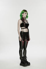 Black/Red Cut-Out Spliced Eyelet Mesh Women's Punk Leggings - Product - 2
