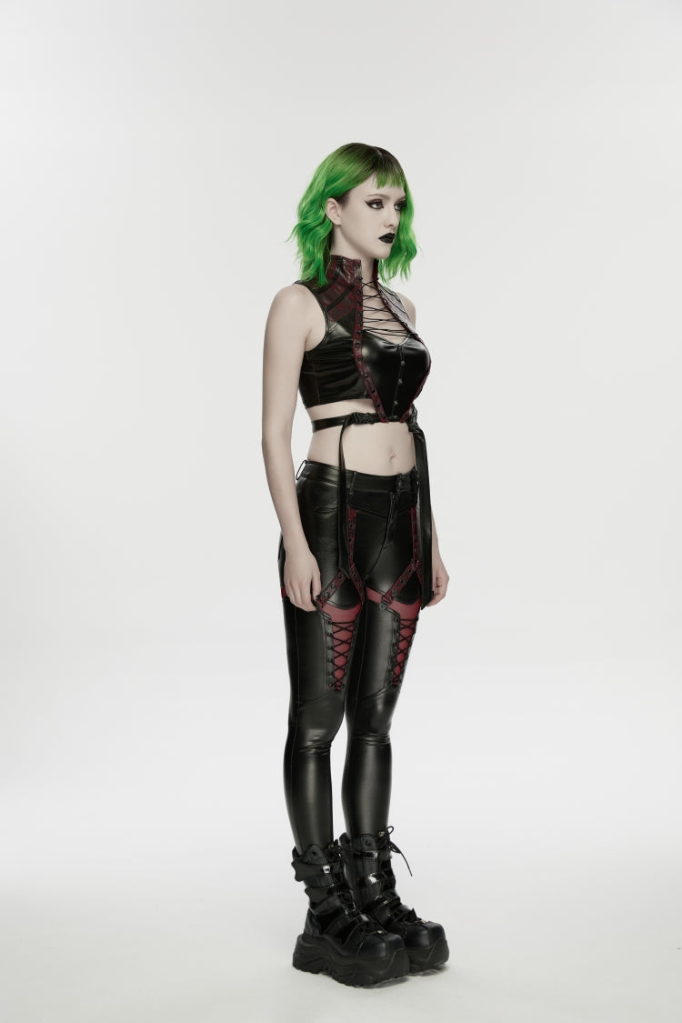 Black/Red Cut-Out Spliced Eyelet Mesh Women's Punk Leggings - Product - 2