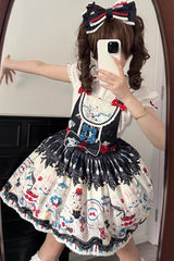 Black [Mystery Rabbit Tea Party] Sleeveless Print Bowknot Lace Sweet Lolita Strap Dress - Product - 4