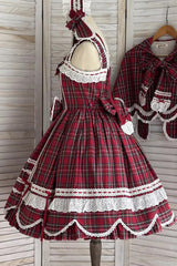 Red [Gingham Petal Bunny] Printed Ruffled Bow Sweet Lolita Jsk Dress - Product - 2